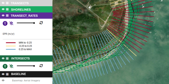 software interface showing transect rates on shoreline
