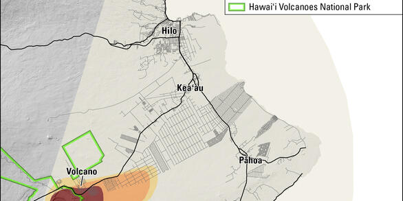 Color map showing area of volcanic fallout
