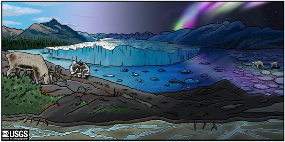 A cartoon drawing of a landscape with a glacier, caribou, polar bears, and mountains.