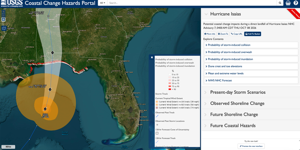 screenshot of Coastal Change Hazards Portal showing predicted coastal change 