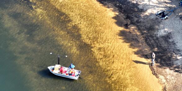 aerial view of small boat near pond shoreline