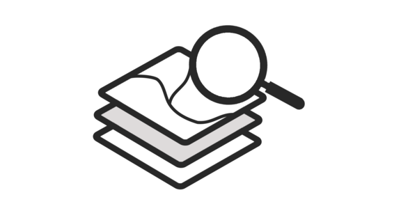 A stack of simplified maps with a magnifying glass on top