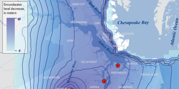 Map of the Virginia coastal plain with the locations of USGS extensometers and the severity of groundwater drawdown