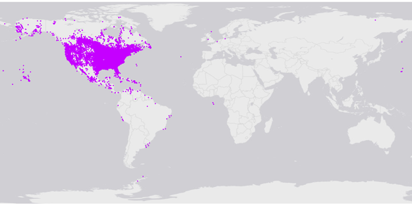 A map of the world, with pink dots representing encounters, mostly congregated in North America 