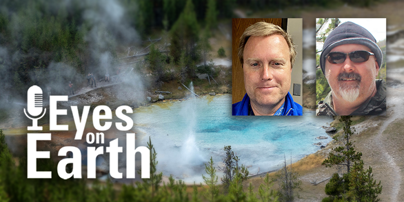 A background photo of a pool of water with a natural fountain in an area surrounded by evergreens, plus two men's mugshots