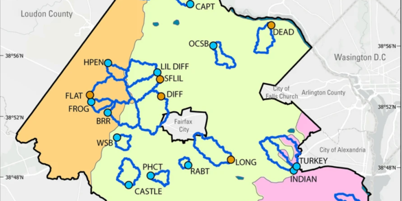 Location of study area along the east coast of the United States in Fairfax County, Virginia.