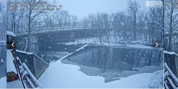 Three side by side images of ice forming overtime on a river surface