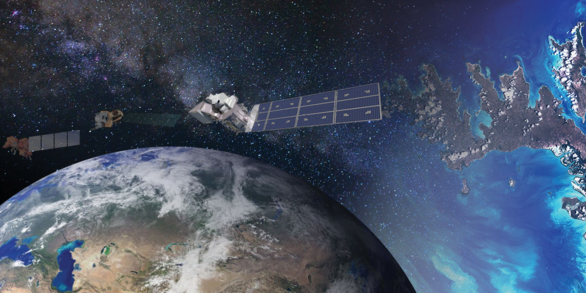 Landsat satellites from 1972 to present moving above the Earth. T