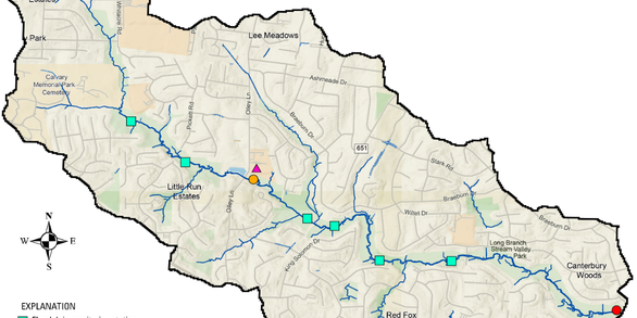 Map of the longbranch watershed with monitoring station locations.
