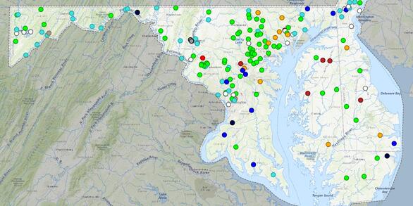 Map of USGS stream gage sites in Maryland, Delaware, and Washington DC.