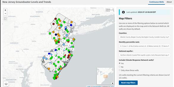 Map of New Jersey depicting groundwater wells as colored dots indicating water level