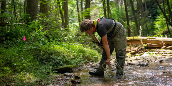 In a forest, USGS scientist Zach Clifton stands in a stream and assesses a streambank.