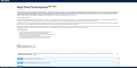 Screenshot of Real-Time Flood Impacts API description