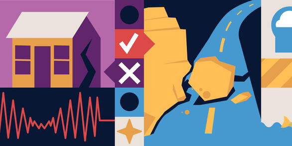 Abstract illustration showing various hazard-related imagery and shapes