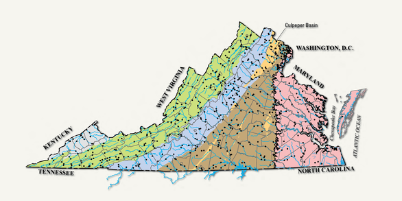 Selected peak-flow study sites and physiographic provinces in Virginia.