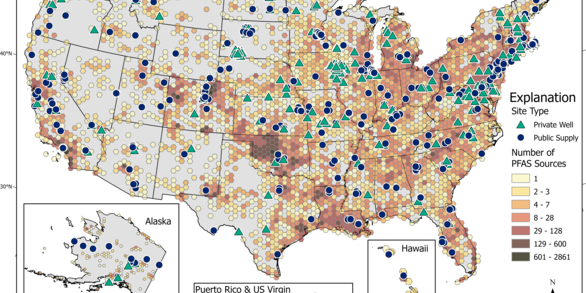 USGS Map showing private and public water sample locations and EPA PFAS facility sources. 