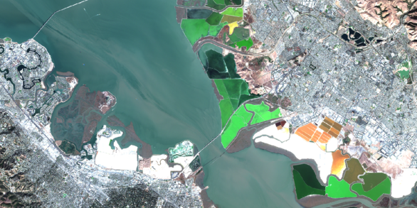 Satellite image showing south San Francisco Bay with multicolored salt ponds, salt marshes, and urban development
