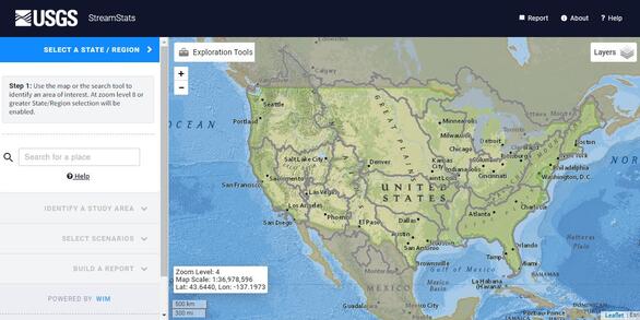 Screen capture of the StreamStats Application