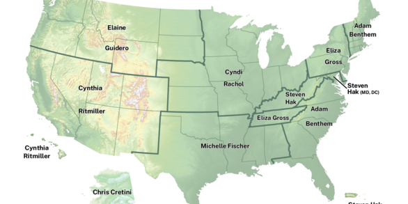 Map showing The National Map Liaisons points of contact