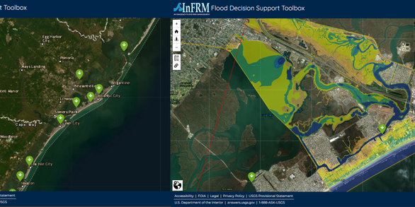 Maps showing USGS tide sites alongside a flood model map