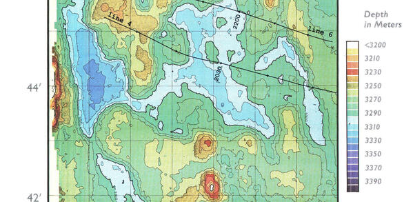 A map showing the ocean floor with shades of color to indicate changing depth, nd other demarkations to show various features