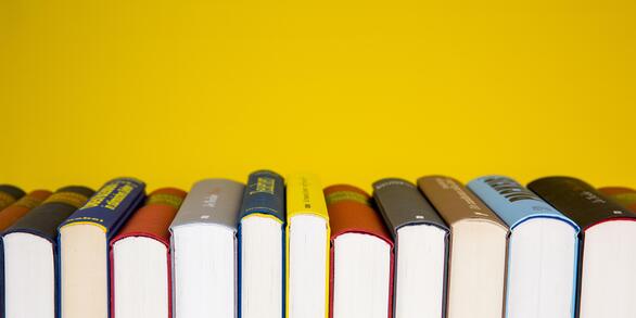 Books lined up with spines facing upward against a yellow background