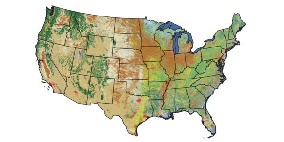 A map of the United States with varied shades of greens, browns, blues, and red, and the states outlined in black