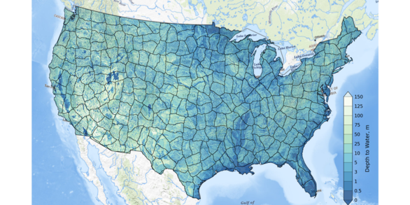 Map showing estimated depth to the water table for the continental US, generated from MODFLOW 6.