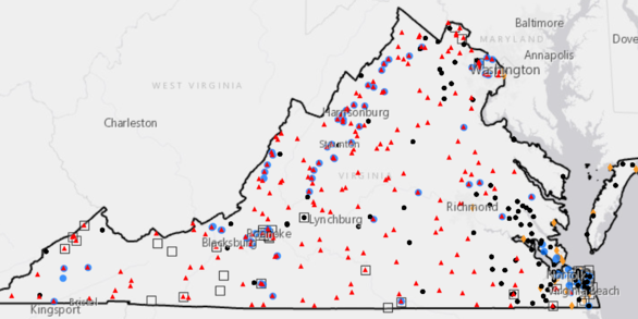 Map of Virginia water-monitoring-site locations from the USGS National Water Information System (NWIS).