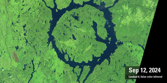 infrared Landsat 8 imagery of Lake Manicouagan, from 2024