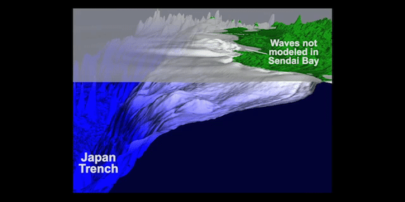 3-D Animation shows the land in the distance with slow rippling waves that roll towards the land and then start sloshing.