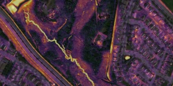 Photos of roadside swale and second photograph of detention pond with arrows pointing to depressions on geospatial dataset