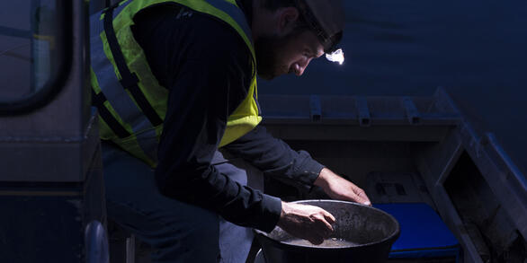 Scientists with headlight looking at samples at night time.