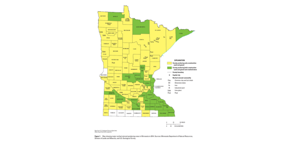 Minnesota mineral commodity producing areas map from 2014 Minerals Yearbook