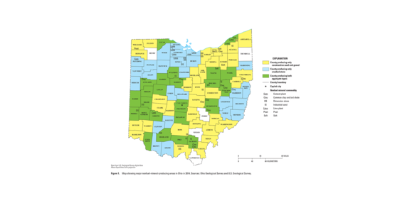 Ohio mineral commodity producing areas map from 2014 Minerals Yearbook