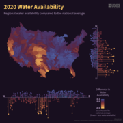 Paired map and histograms showing the pattern of water availability across the U.S. 
