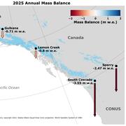 Infographic showing the annual glacier mass balance change in 2025.