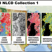 A graphic depicting Annual NLCD Collection 1. It displays the 6 products side by side with titles