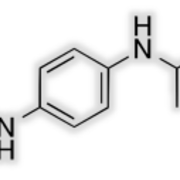 This image is an Illustration of the chemical structure of 6PPD using elemental letters and black lines to define the shape of the structure on a white background.