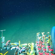 View from the Alvin showing mud and the devices to collect samples from the seafloor including cores