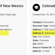 Side by side images of the names and addresses entered for the University of New Mexico and Colorado State University.