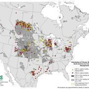 Distribution of Chronic Wasting Disease in North America from 2000 through July 2025.