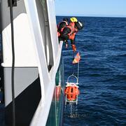 people using long pole to retrieve small floating piece of equipment in the ocean