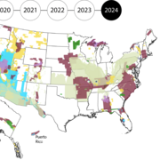 Map of the US, Alaska and Puerto Rico filled in by data type: geophysics, geologic mapping, geochemistry, Lidar, Mine Wastes, hyperspectral. 