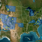 U.S. map with mine waste locations marked with yellow points