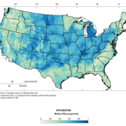 Map with blue and green colors showing geologic hydrogen in continental U.S.