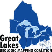 States surrounding Great Lakes in blue with wooly mammoth on bottom right; black text at bottom reads formal coalition name