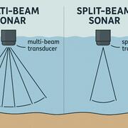 Figure 1. Diagram showing basic difference between multi-beam and split beam sonar transducers.