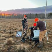 People in grassy wetland field at sunrise
