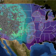 map of the US with color gradient, white dots, and red polygon; a key in the upper right corner explains features